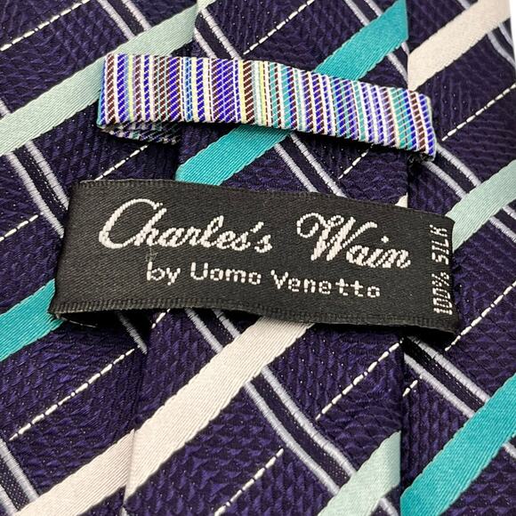 62" Charles Wain by Uomo Venetto Mens Tie Silk Blue Teal White Business - Picture 3 of 4